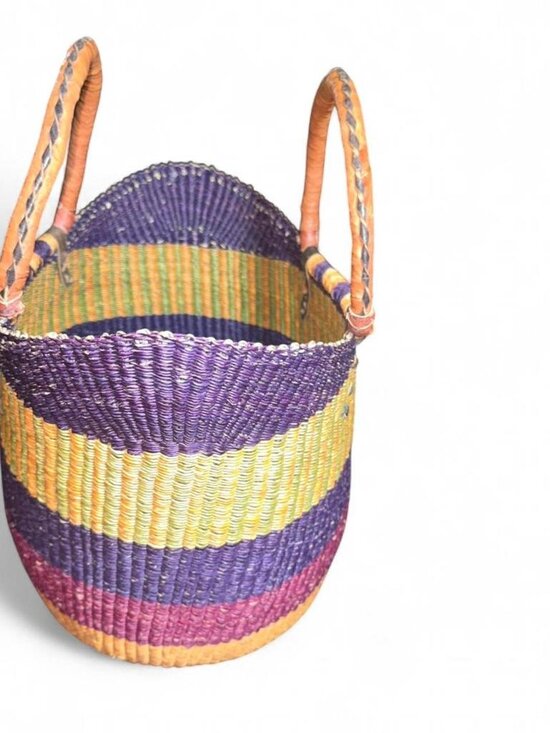 Bolga African Basket Multicolor Large with Leather Handles - Picture 4 of 7